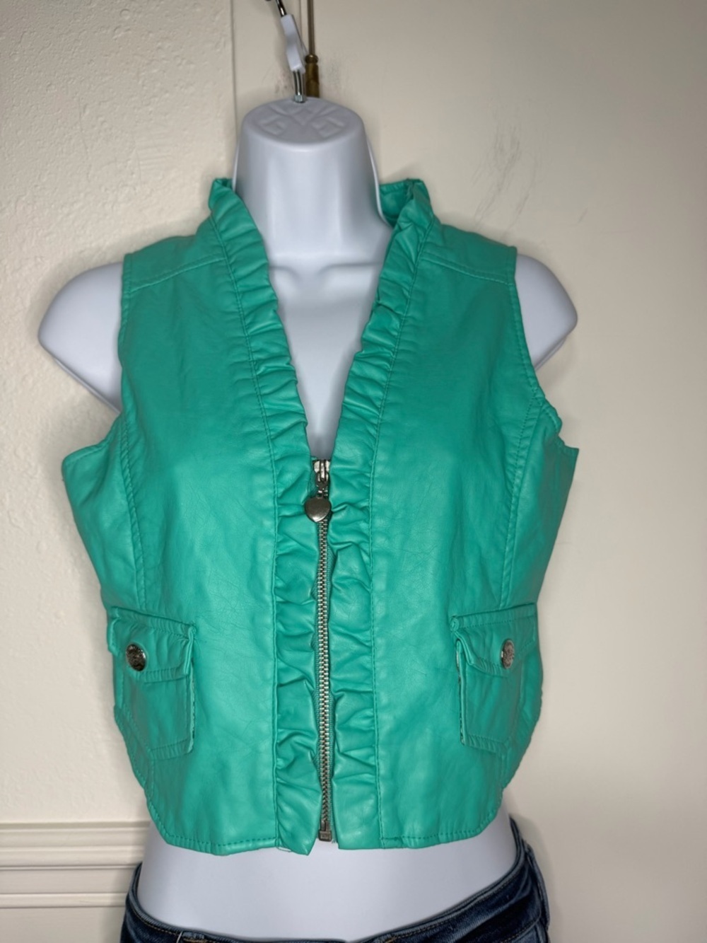 Dollhouse Faux Lined Vest Teal with ruffle Trim size 16 XL